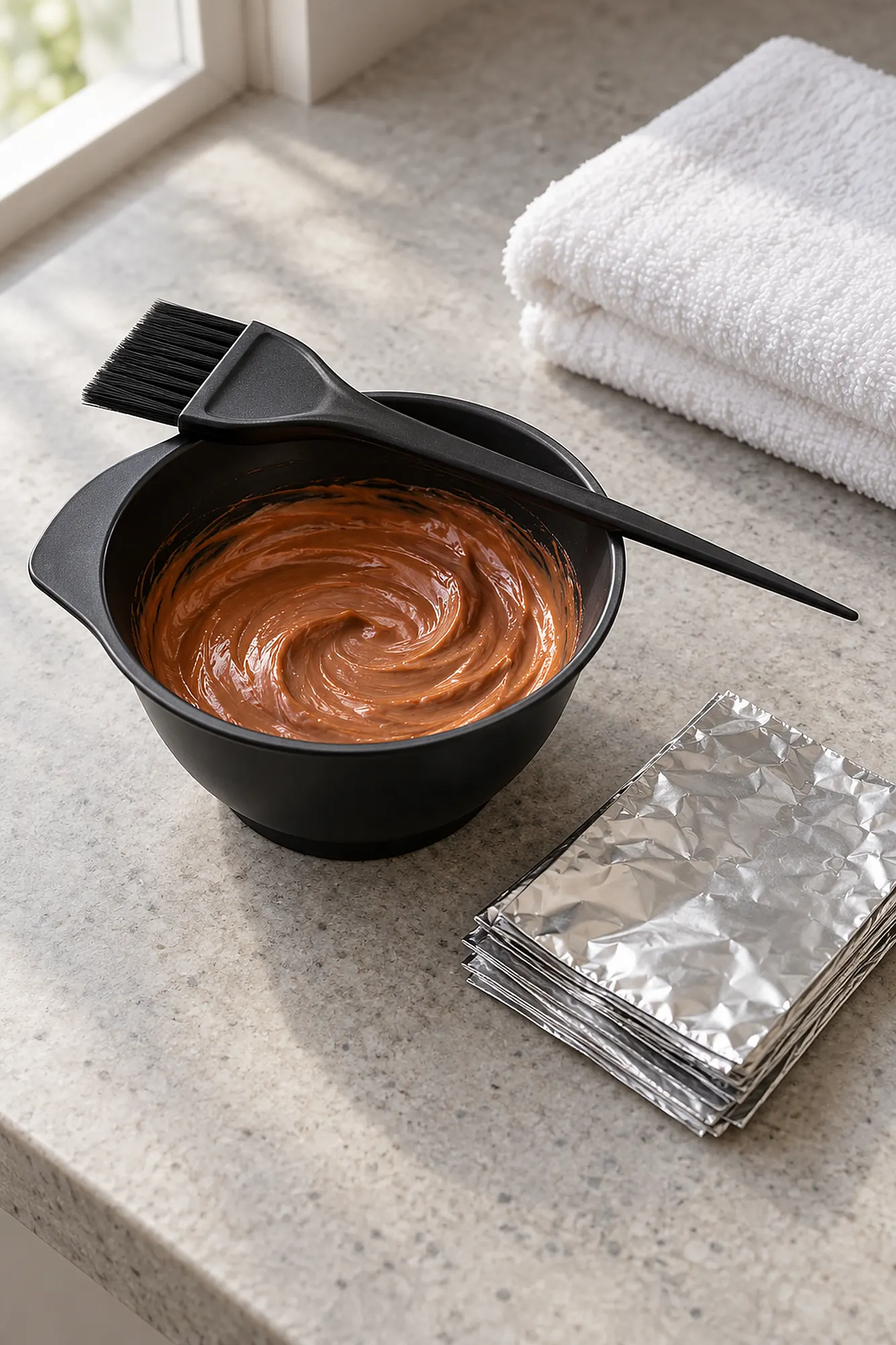 Schwarze Färbeschale mit kupferbrauner Farbcreme, Färbepinsel auf dem Rand, daneben gefaltete Alustreifen